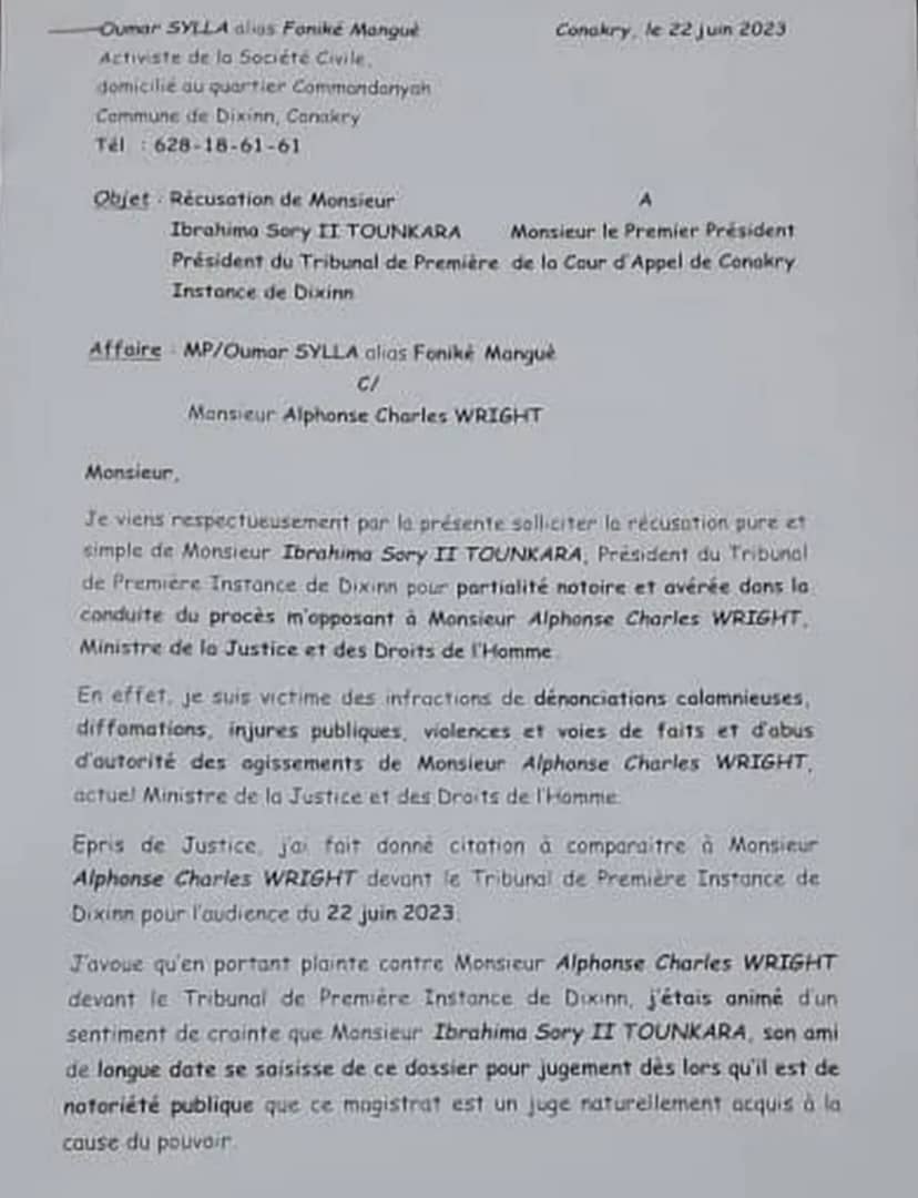 Affaire leaders du FNDC Charles Wright Fonikè Menguè récuse le juge